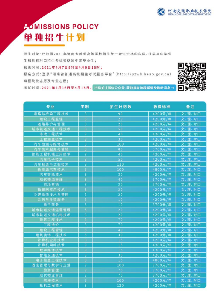 河南交通職業(yè)技術(shù)學(xué)院－2021年單獨(dú)招生簡(jiǎn)章