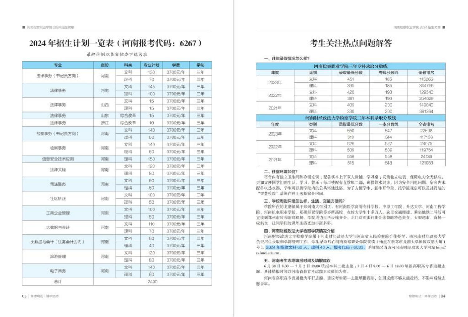 河南檢察職業(yè)學(xué)院－2024年招生計劃一覽表（河南報考代碼：6267）